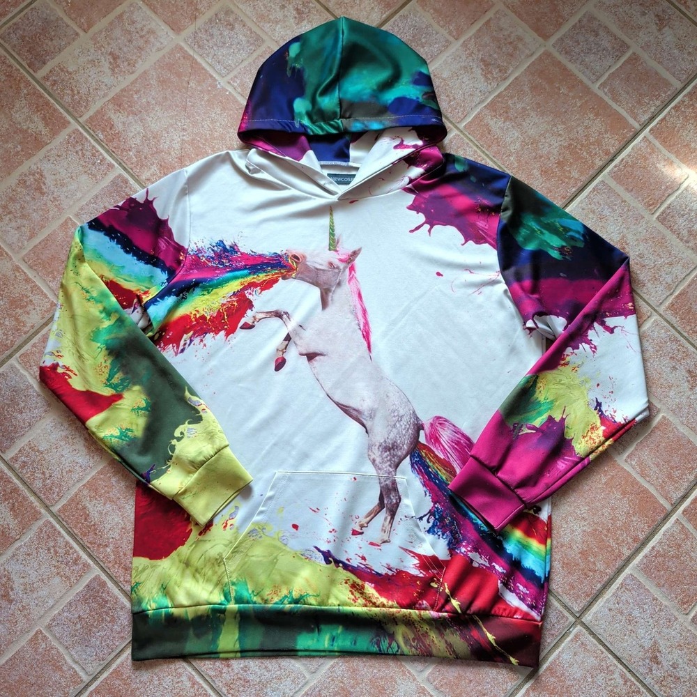 Newcosplay Hoodie Mens XXL/XXXL‎ White Rainbow Vomiting Unicorn Paint Splatter
